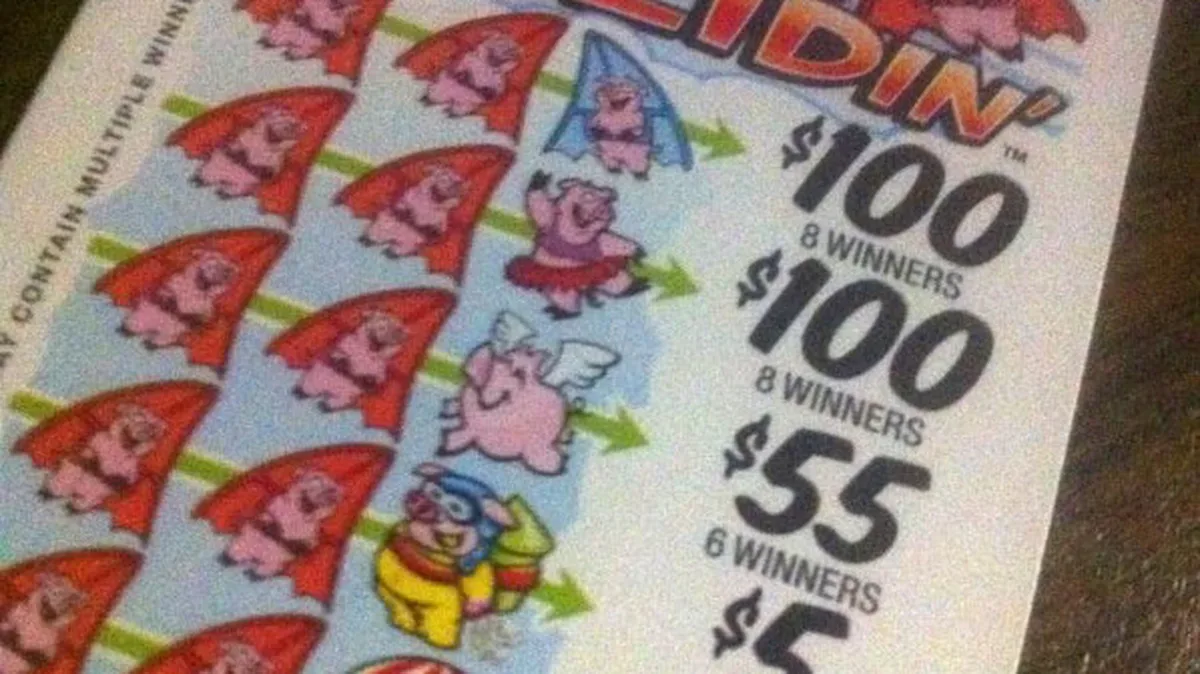 Front of a pull-tab lottery ticket showing the pay table with prize amounts and number of winners